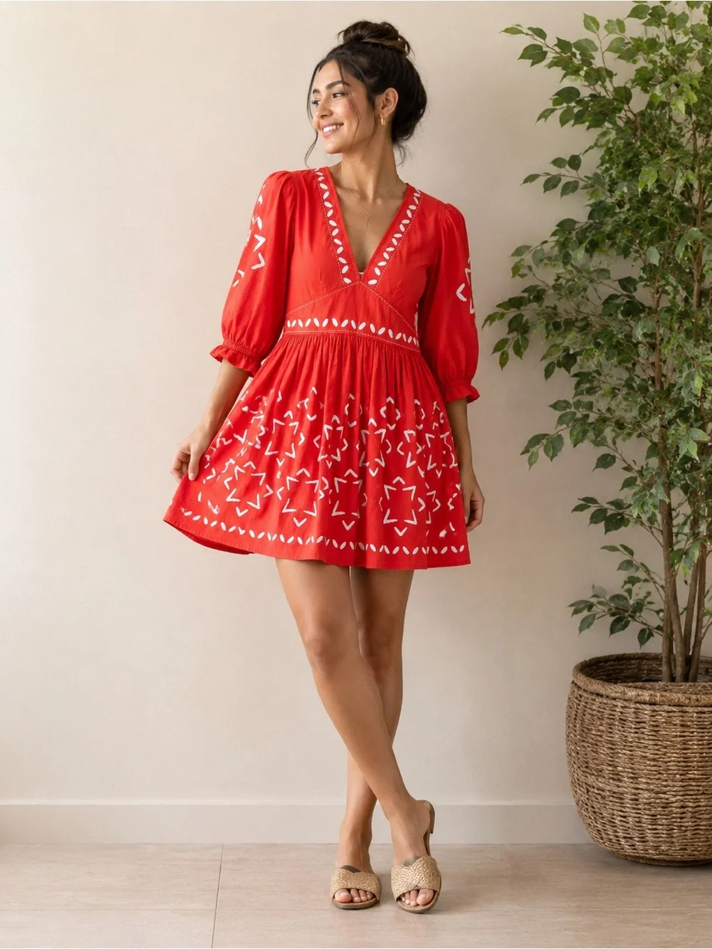 Anthropologie‎ Banjanan Red with Inlaid Embroiderey Mini Dress Poplin Cotton